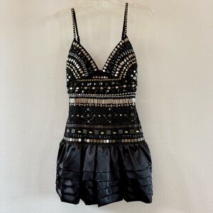 Bebe Elegant Black Embellished Jeweled Mini Dress. Spaghetti strap.